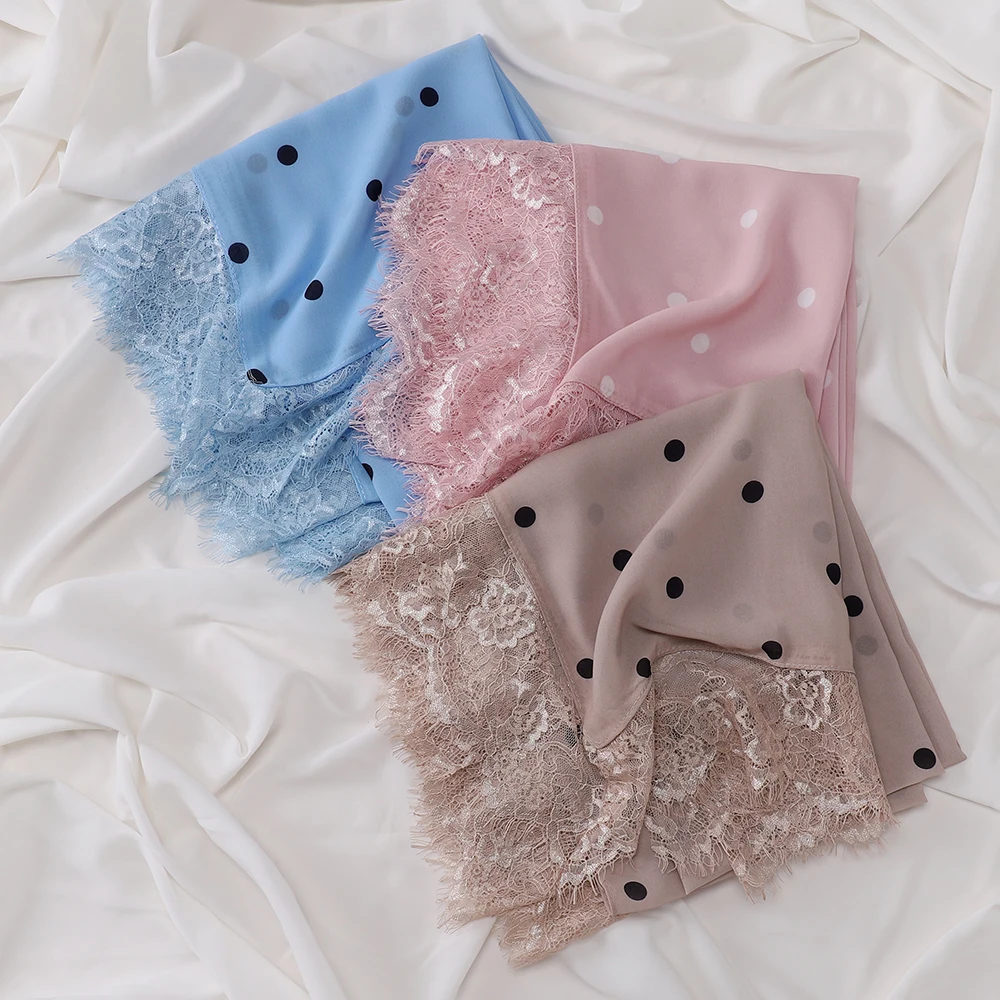 Eleganter Polka-Dot-Hijab, leichter Spitzen-Schal, Chiffon-Kopftuch, verziertes Kopftuch, klassischer Gebets-Hijab, langer Schal – Detail 7