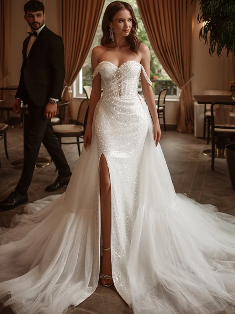 Luxurious Detachable Train Wedding Dress Fully Beaded Slit A Mermaid Ball Gown Sleeveless Square Collar Customized Bride Lace Up