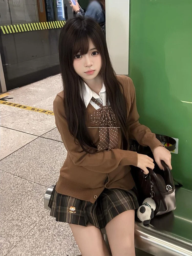 

Осенне-зимний карамельно-коричневый вязаный свитер School orm Sle Открытый кардиган Комплект мягких девушек College Faion JK orm Top