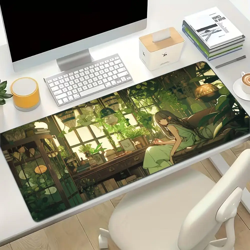Anime Girl Green Forest Print Large Gaming Mousepad Non-slip Rubber Base Stitched Edge Office Keyboard Workstation Accessory