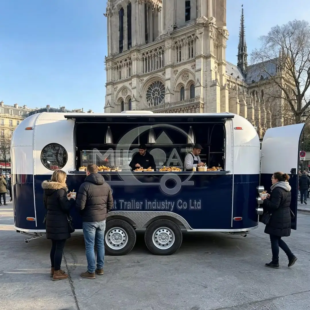 Blue & White Mobile Food Truck Trailer with Awning for Outdoor Events - Portable Catering Kitchen Truck
