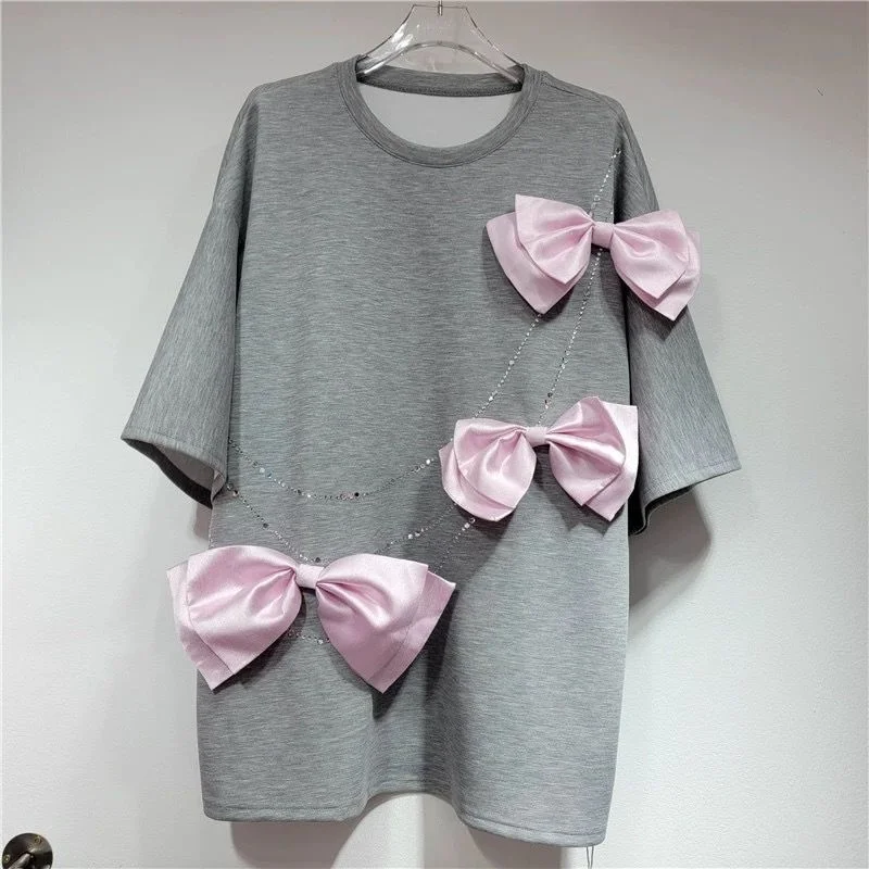 3D Bowknot Fashion Cotton T-shirt Hot Diamonds Chain Streetwear Top Plus Size O-Neck Casual Tee Mid Length Loose Shirt For Women