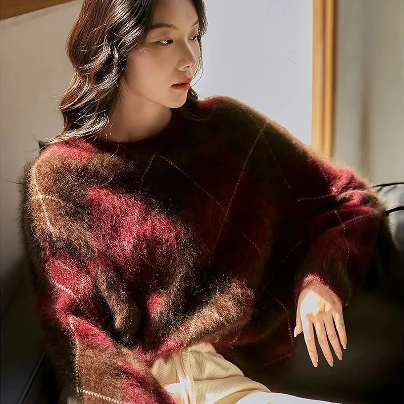 

Винтажный вязаный свитер Argyle, женский уличный свитер Y2K, свободные повседневные пуловеры с круглым вырезом, осень-зима, мешковатые джемперы с длинными рукавами для ленивого ветра