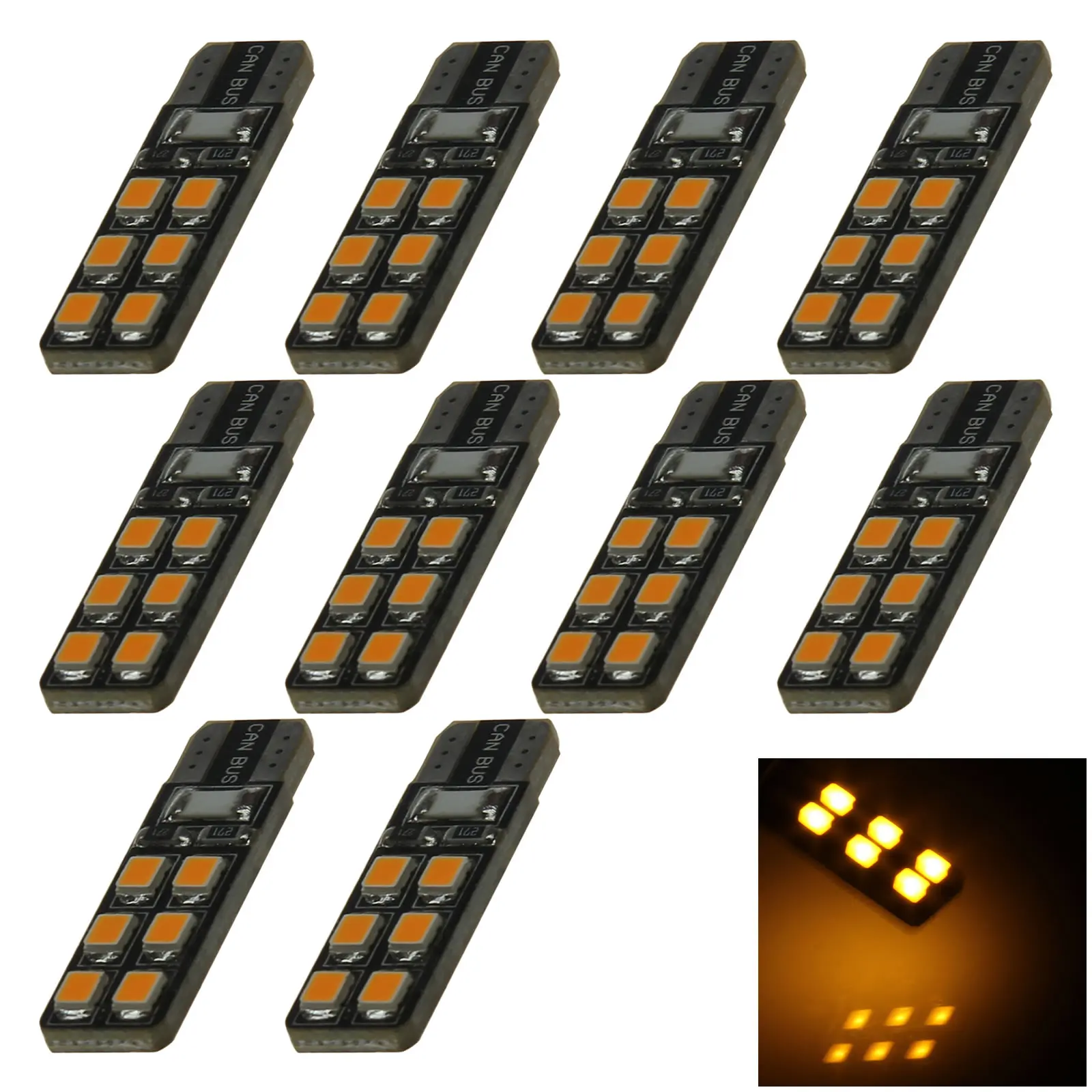 10x Yellow Auto T10 W5W Wedge Light Parking Bulb Canbus Error Free 12 Emitters 2835 SMD LED 159 161 168 2521 A097-Y