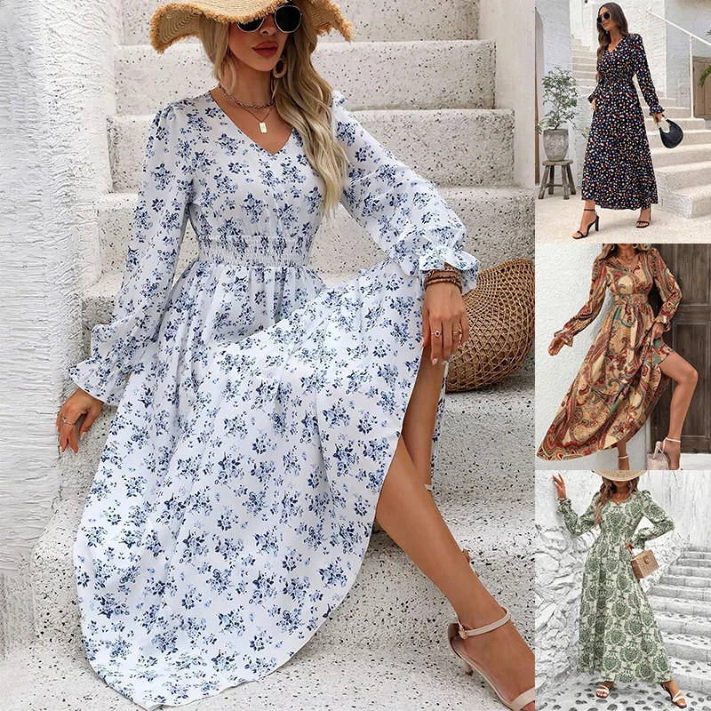 

Retro Vest Printed Long Skirt For Women's Spring Autumn High Waist Dress For Women's Casual A-line Long Skirt For Bohemian Style