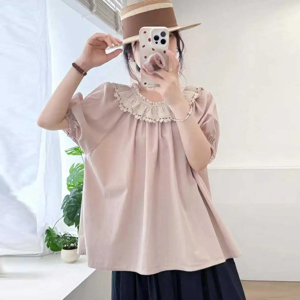 

Japanese Sweet Mori Girl Lace Stand Collar Patchwork Cotton Shirts Women Summer Short Sleeve Casual Loose Pullover Blouse Tops