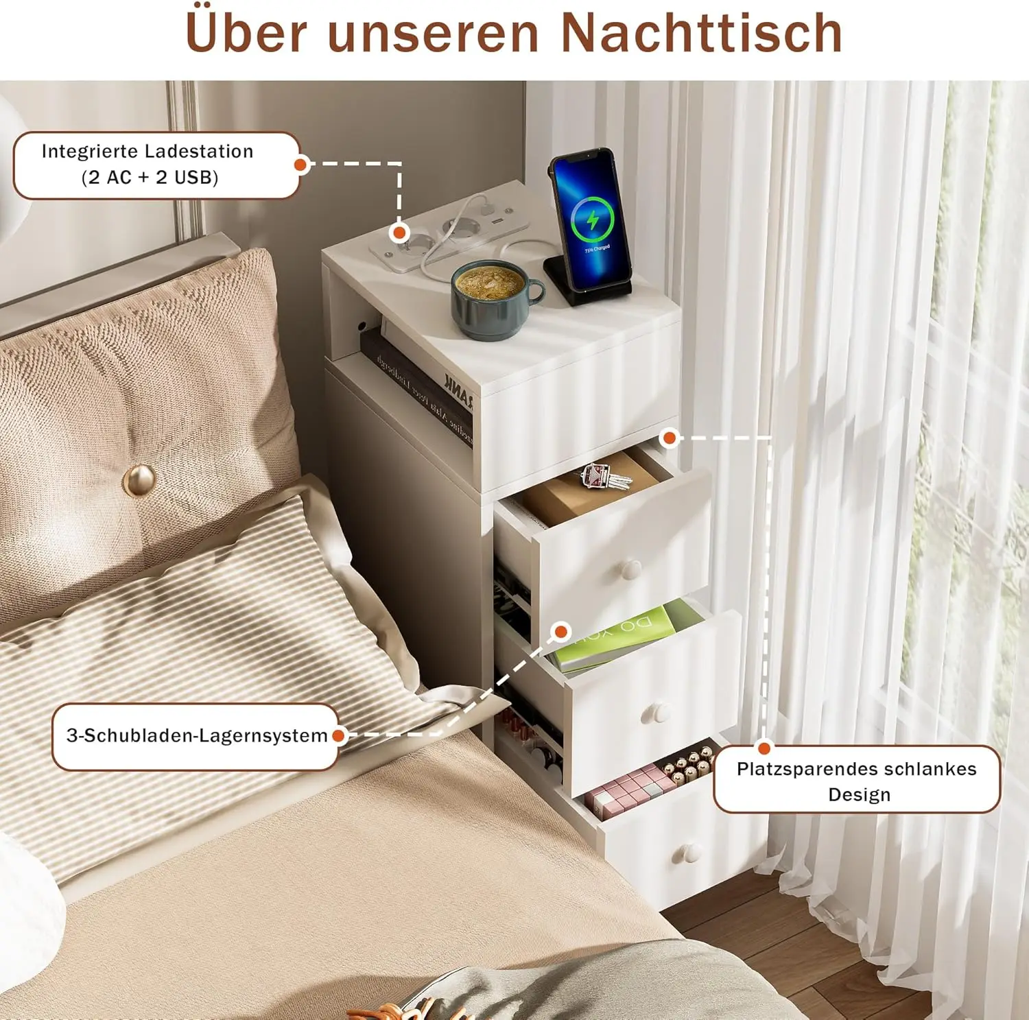 Mesita de Noche Estrecha con Enchufe Mesitas de Noche Estrecha con 3 cajones y 2 Comparitementos de Almacenamiento Mesa Auxiliar #3