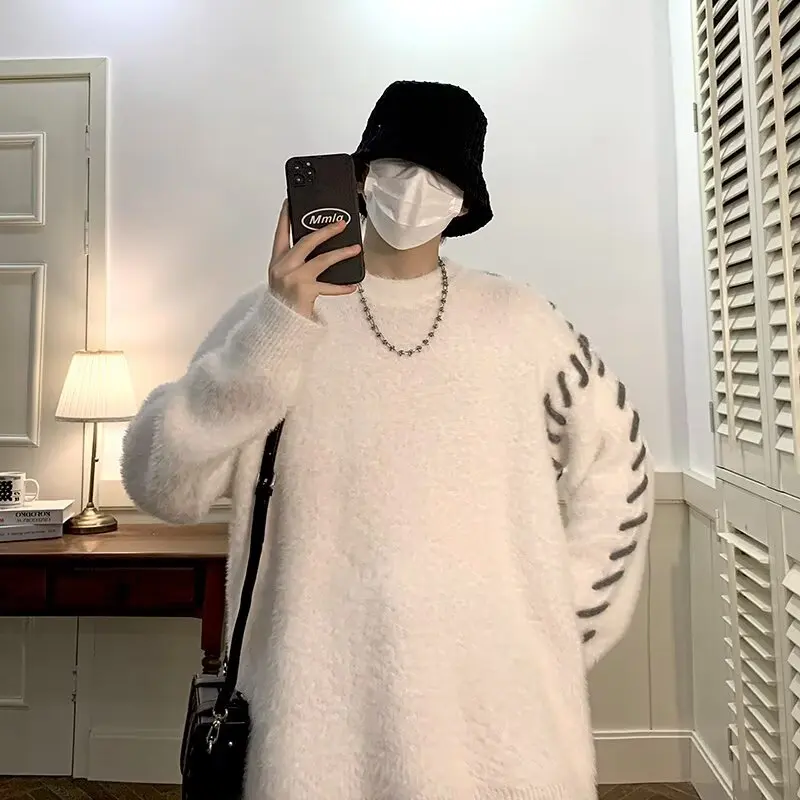 

Men's Loose Fit round Ne Knitwear Pure Color Warm Base Layer Sweater Casual Sle Polyester Fiber Winter Faion Top