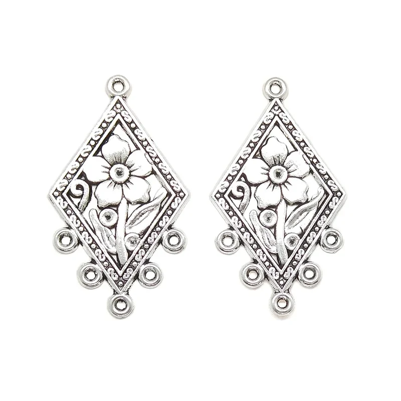 New 5pieces 48*28MM Retro  Zinc Alloy Rhombus Flowers Connectors Charms Pendants for DIY Necklace Jewelry Accessories