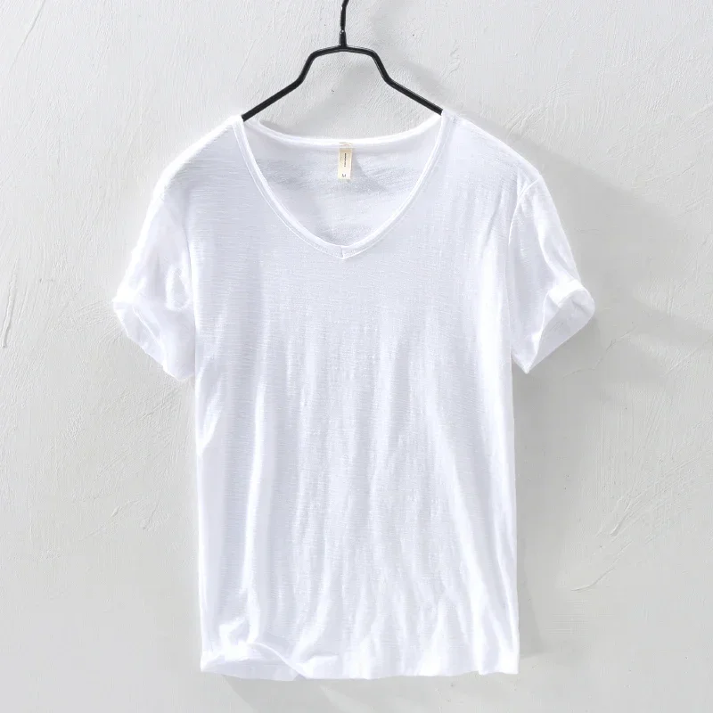 Summer New 100% Cotton T-shirt Men V-neck Solid Color Casual T Shirt Basic Tees Plus Size Short Sleeve Tops Y2449