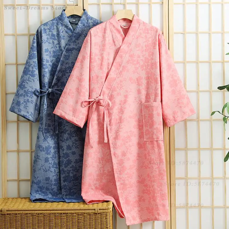 

Хлопковое свободное повседневное кимоно, халат для пары, одежда для сна для мужчин и женщин, ночная рубашка с принтом, домашняя одежда, новая весенняя ночная рубашка юката, домашняя одежда