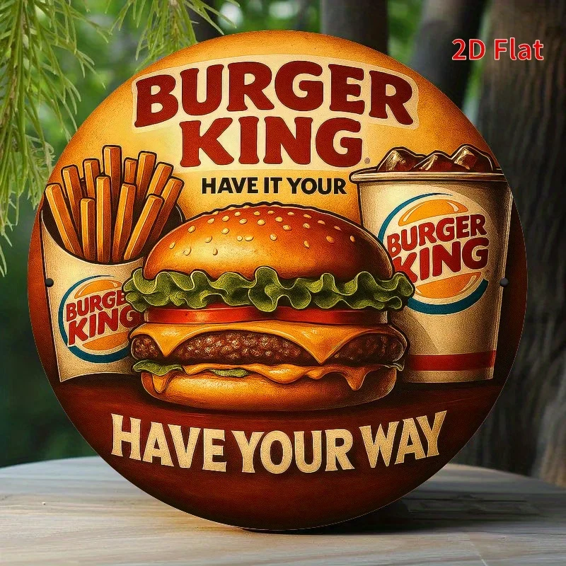 2D Flat Round Vintage Fast Food Metal Sign, Burger Fries Soda Drink Retro Plaque, 7.87in Diner Cafe Kitchen Wall Decor