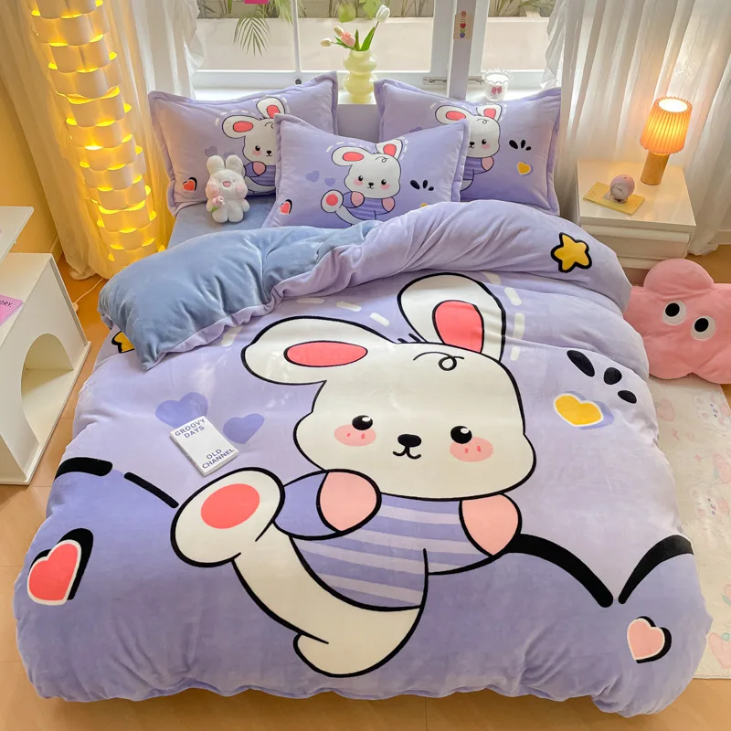 

Milk Velvet Pillowcases, Winter Bedroom Bedding, Bed Sheets, Duvet Covers, Four Piece Set, Thick Cartoon Student Dormitory