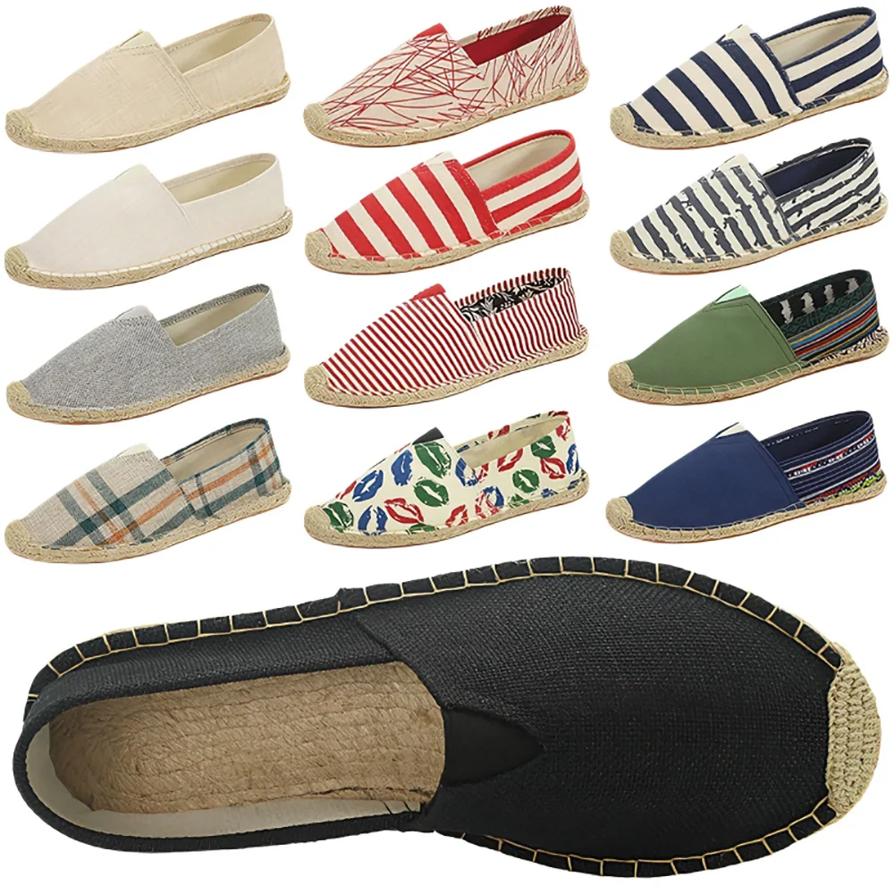 USHINE Handmade Linen Espadrilles Slip On Flat Shoes Breathable Straw Woven Fisherman Shoes Casual Walking Loafers For Men Women