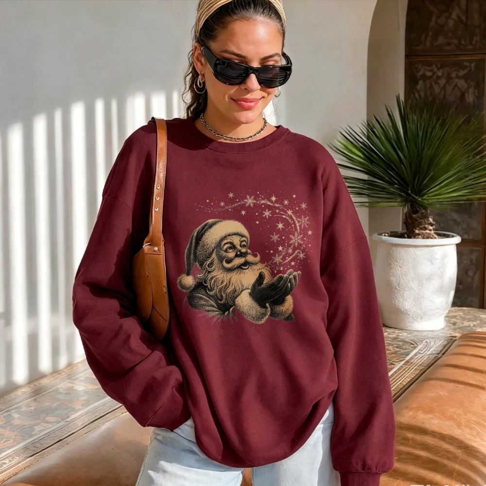 Vintage Old Santa Claus with Magic Snowflakes Christmas Graphic Long Sleeve Pullover Casual Winter Xmas Holiday Sweatshirt Tops