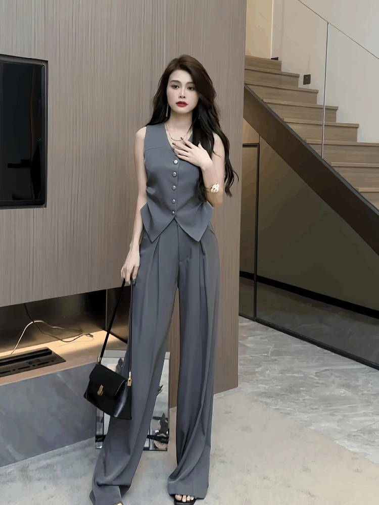 

Office Trousers Woman Professional Wear To Work Promotion New Matching Casual Elegant Chic Wide Leg Pant Sets for Women 2 Pieces