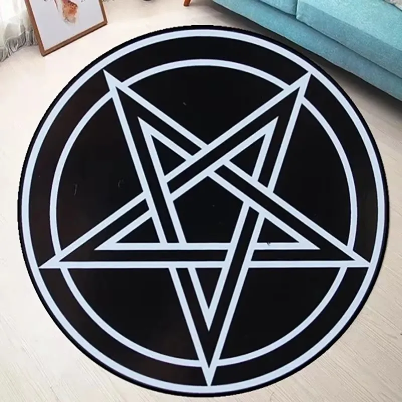 Tapis rond à motif pentagramme, Satan, motif d'élément piège du diable, thème surnaturel de lapin blanc à fond noir