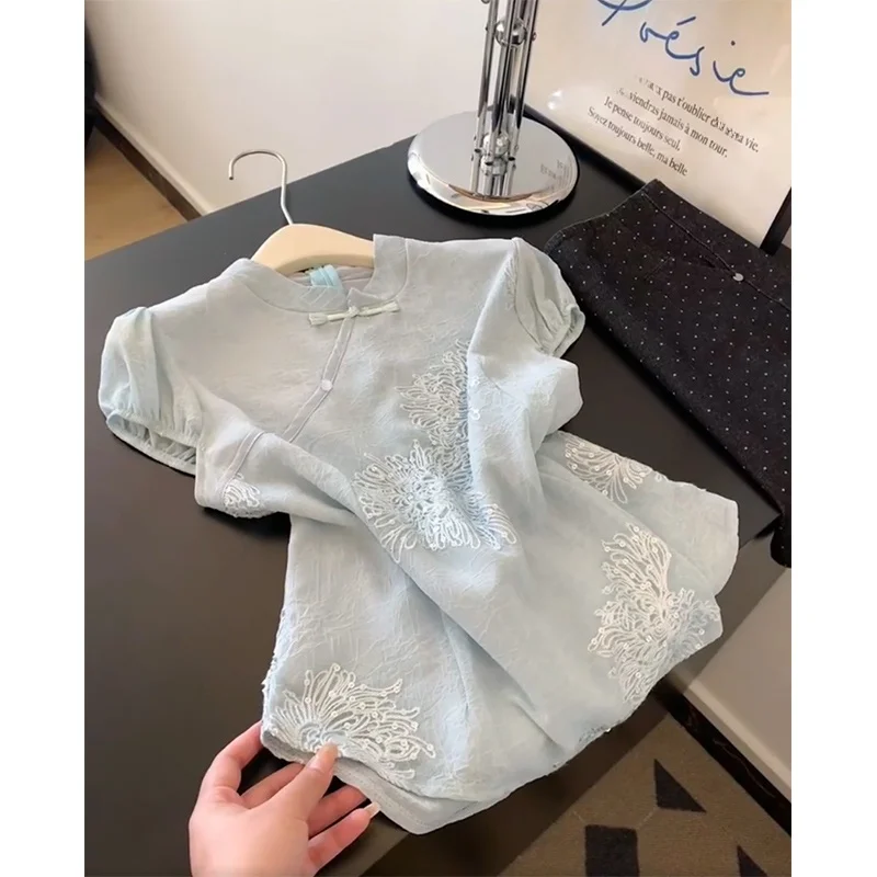 New Chinese Sle Blue ort Sve Embroidered irt Women Summer National Wind Buttoned Blouse Small Flng Sve Cheongsa...