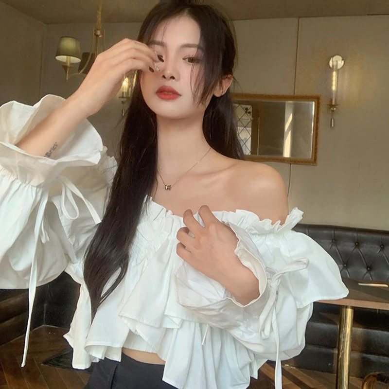 Zoki Sexy Off Shoulder Sweet Blouse Women Korean Fashion Ruffles Elegant Cropped Shirt Fall Lace Up Design Lady Chic White Tops