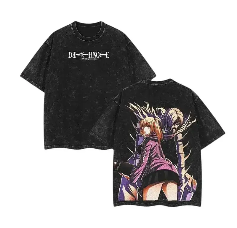 

Anime Graphic Tee 2026 Summer Oversized Streetwear Death Note Misa Amane Rem Retro Print Vintage Washed T Shirt for Men Women