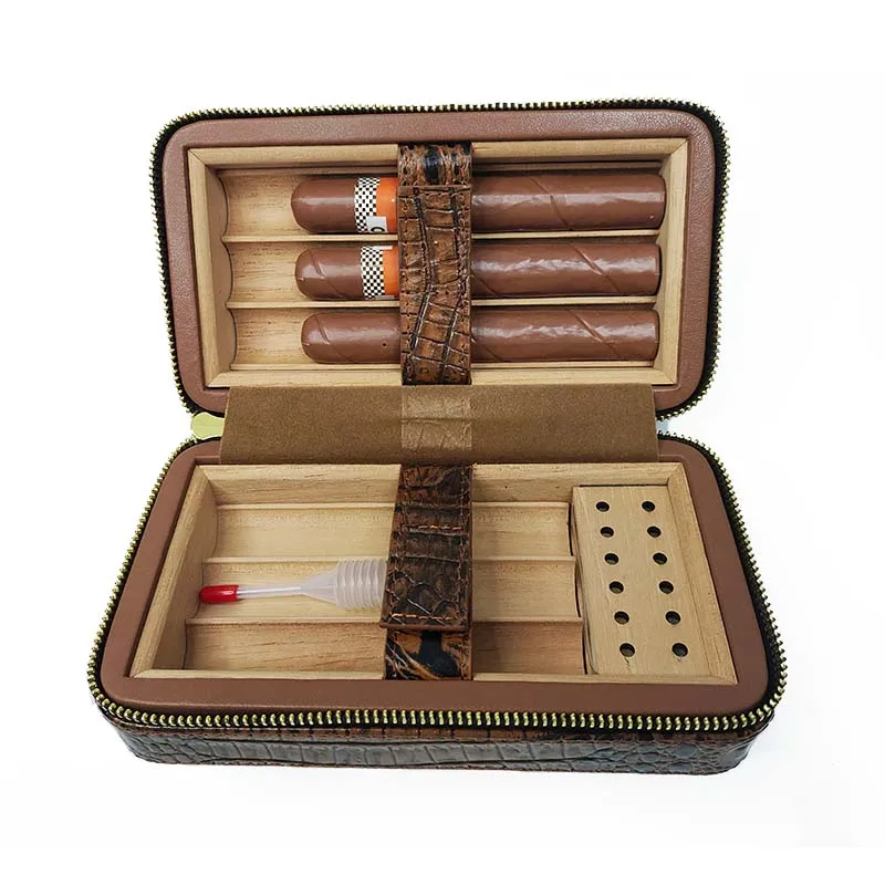 Humidor Outdoor Travel Set with 6 Cigar Holsters, Cedar Wood Cigar Case, Crocodile Skin Pattern, Portable Leather Bag, Smoking T