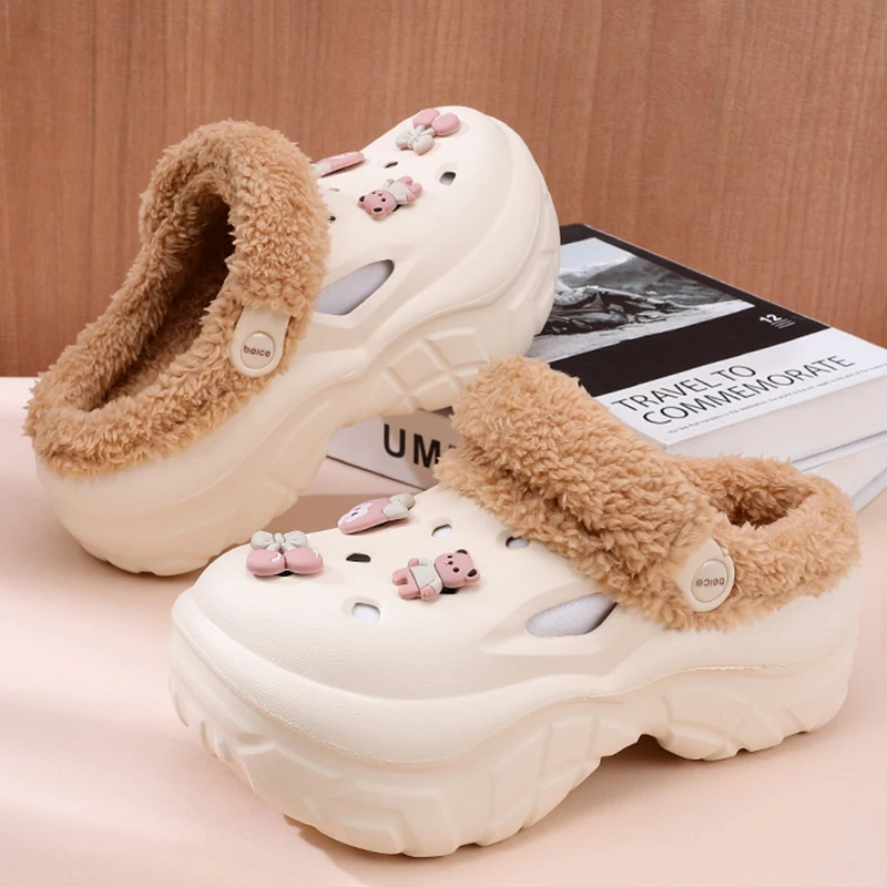 Winter Women Platform Slippers Warm Fur Cute Girls Decoration Slippers Fluffy Comfortable Slip On Casual Soft Plush Shoes