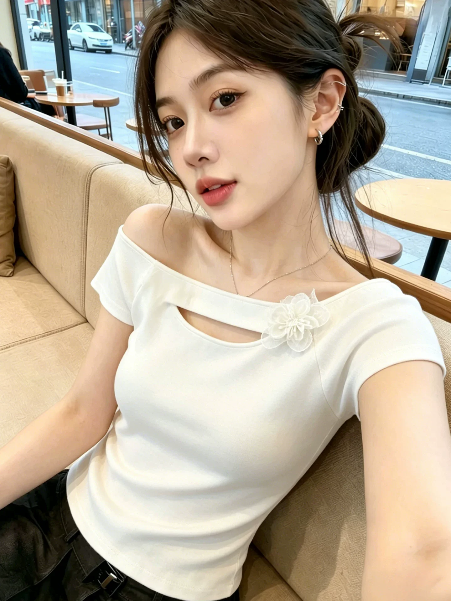 Sweet 3D Floral Hollow Short Sleeve Women's T-Shirt Slim Fit Beautiful Side Shoulder Exposure Small Top Korean Style Commute