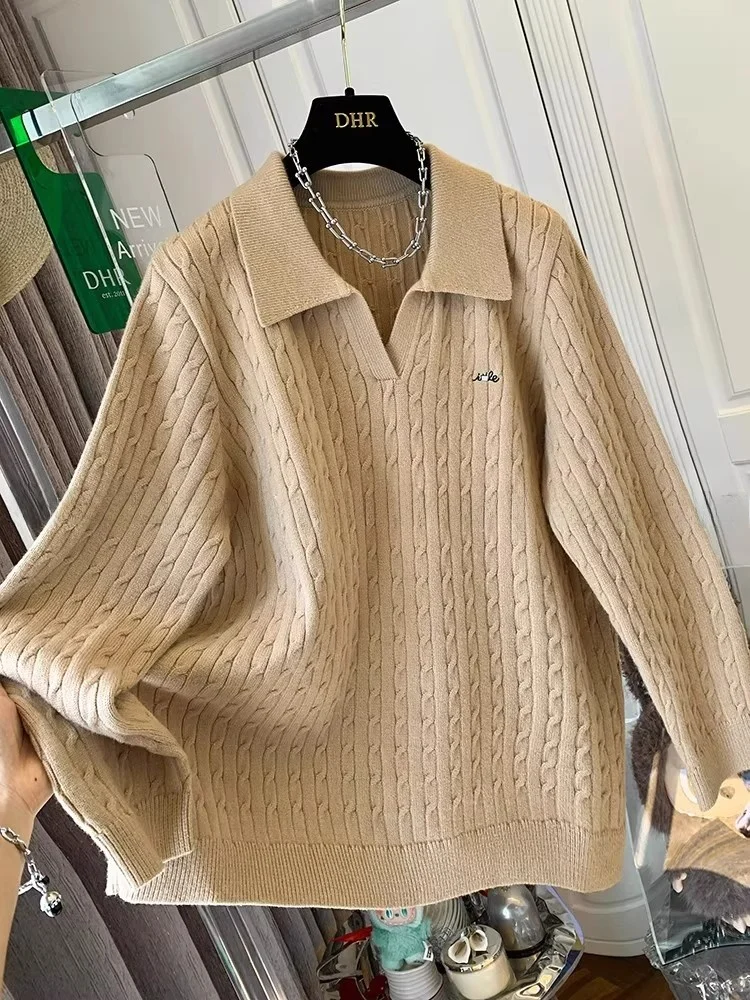 

Korean College Style Thickened Loose Knitted Sweater Women's Autumn Winter Fashion Vintage Twist Collar Top Girls' plus Size