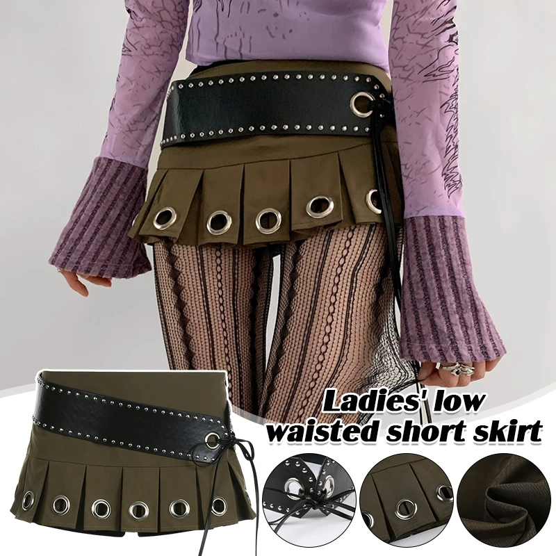 

Женская плиссированная мини-юбка Y2k с низкой талией и поясом из искусственной кожи, осенняя пикантная короткая юбка, винтажная юбка в стиле панк и гранж 1920-х годов, наряды
