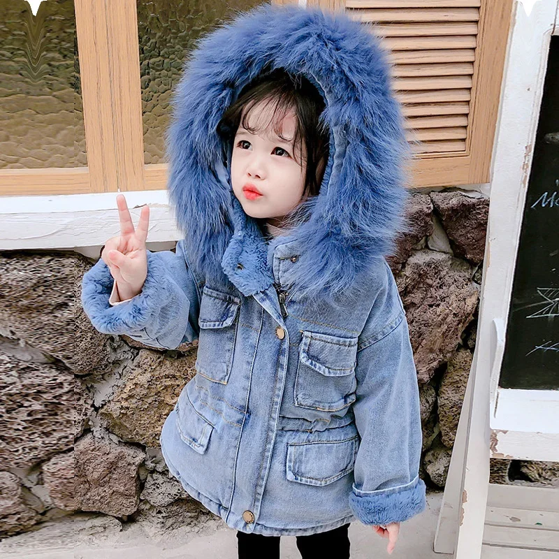 0-6 years old Girl\'s Denim CottonJacket Winter New Plush and Thickened Warm Jacket Children\'s Large Fur Collar Hooded Jacket