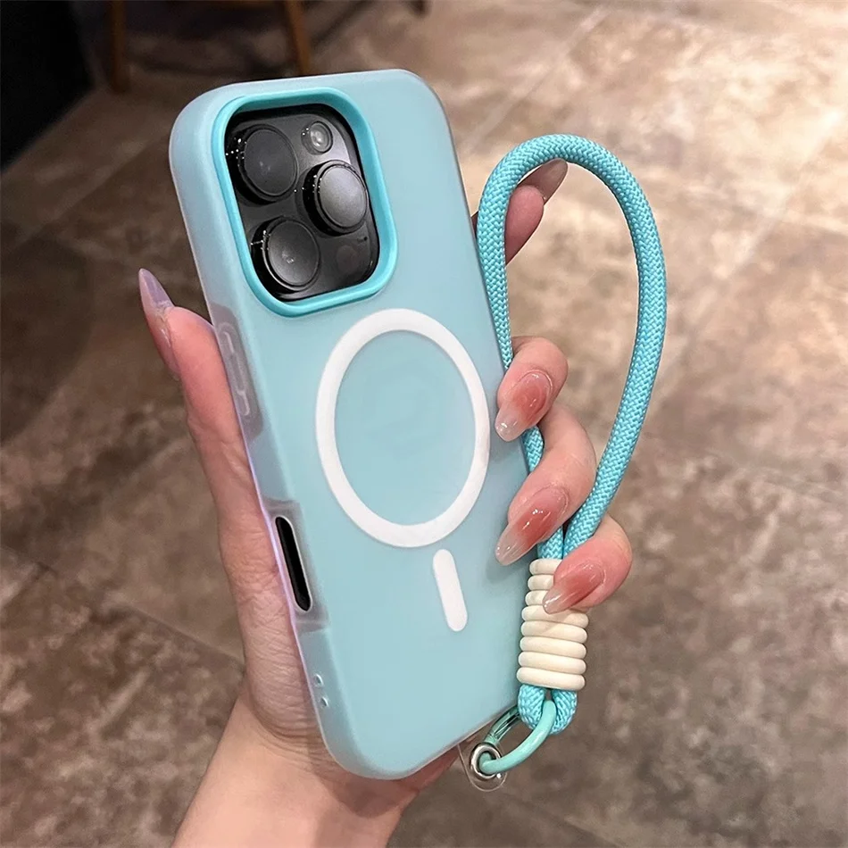 ลูกอมสีหรูหรา 3 IN 1 สําหรับMagsafe LanyardสําหรับiPhone 17 16 15 14 Plus 13 12 Pro Max Magnetic Matte Clear Hybrid Cover