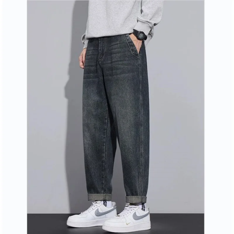 

Осенние новые свободные джинсы с микротаусами для мальчиков, модные брюки в стиле ретро, тонкие повседневные джинсовые брюки-шаровары Sense Joker, мужские штаны