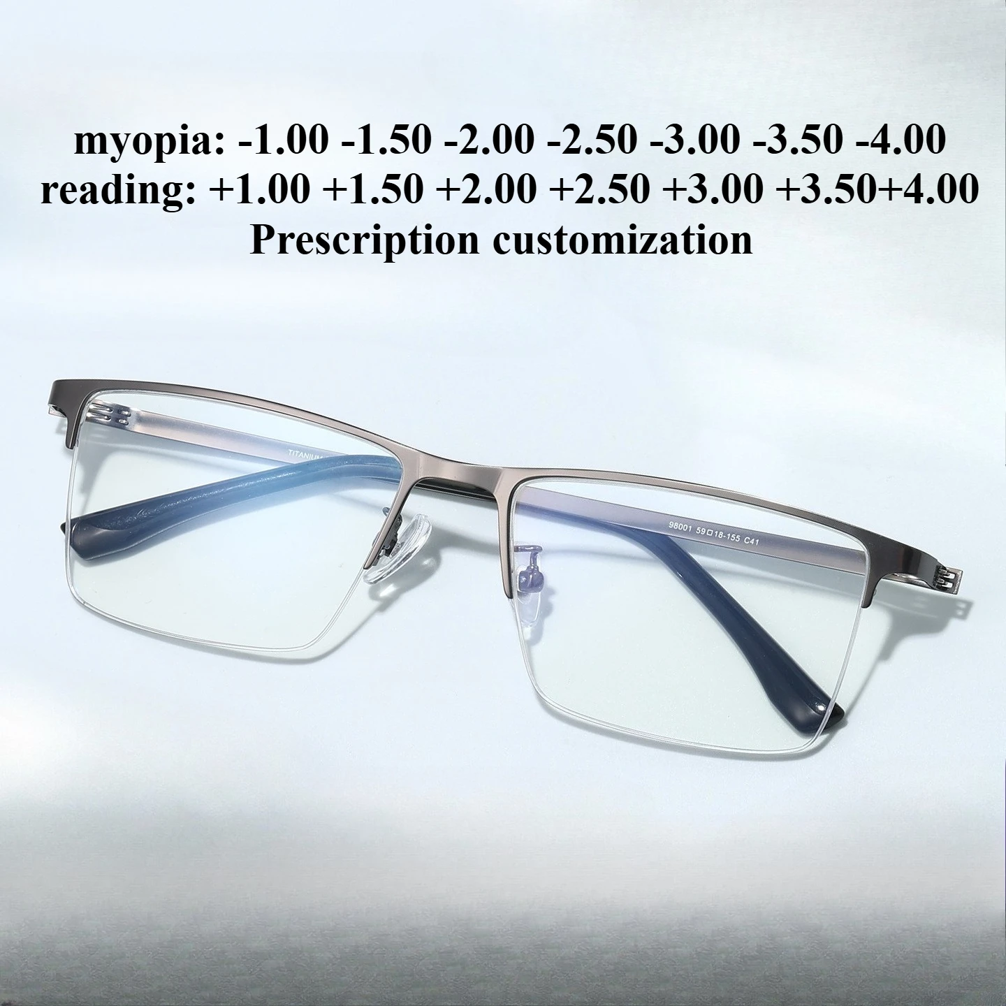 

59mm Men's Large Face Half-Rim Rectangular Eyeglass Men's Blue Light Blocking Reading Glasses, Customized Myopia Prescription