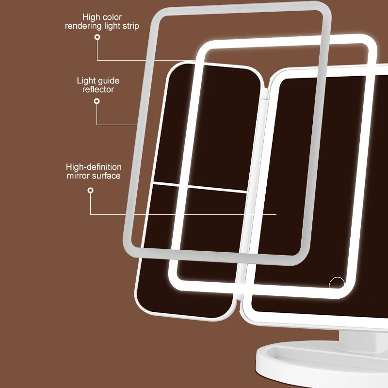 Three Folding Makeup Mirror Led Fill Light Magnified Mirror USB Rechargeable 3 Gears Light Color Rotating Storage Vanity Mirror
