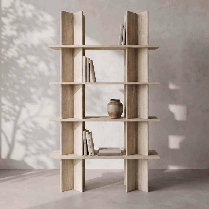 Natural travertine bookshelf luxury modern minimalist art solid cross structure floor-to-ceiling living room