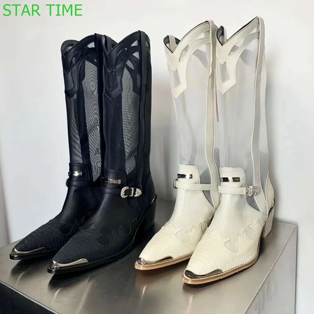 

Pointed Mesh Western Cowboy Boots 2024 New British Style Retro Women Summer Boots Thick Heel Metal Rivet Embroidered