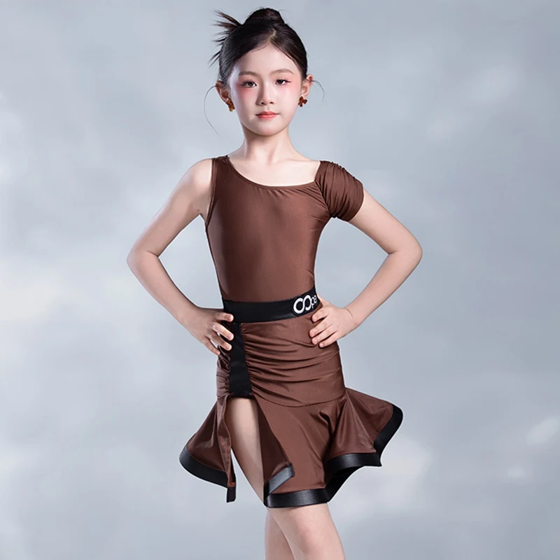 Brown Latin Dance Suit Girl New 2025 Summer Performance Wear Child Cha Cha Rumba Dancing Stage Clothes Ruffle Skirts Set AMY1907