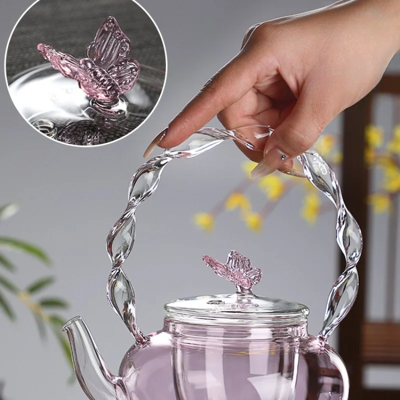 700ml Transparent Pink Iris Teapot Pyrex Cooking Teapot Household Tea Set Electric Clay Oven Beam Single Pot