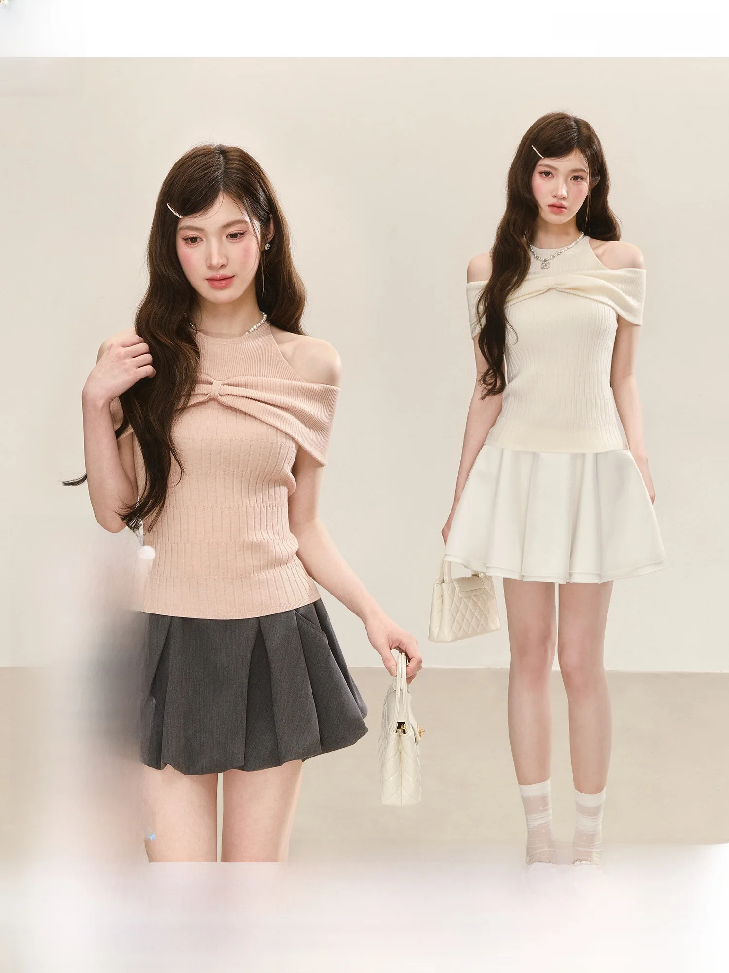 

Korean Style Gentle Knitted Top Shoulder Bared Waist Cinched Atmosphere Feeling Neck Hanging Twist Short Sleeve Women's Shirt