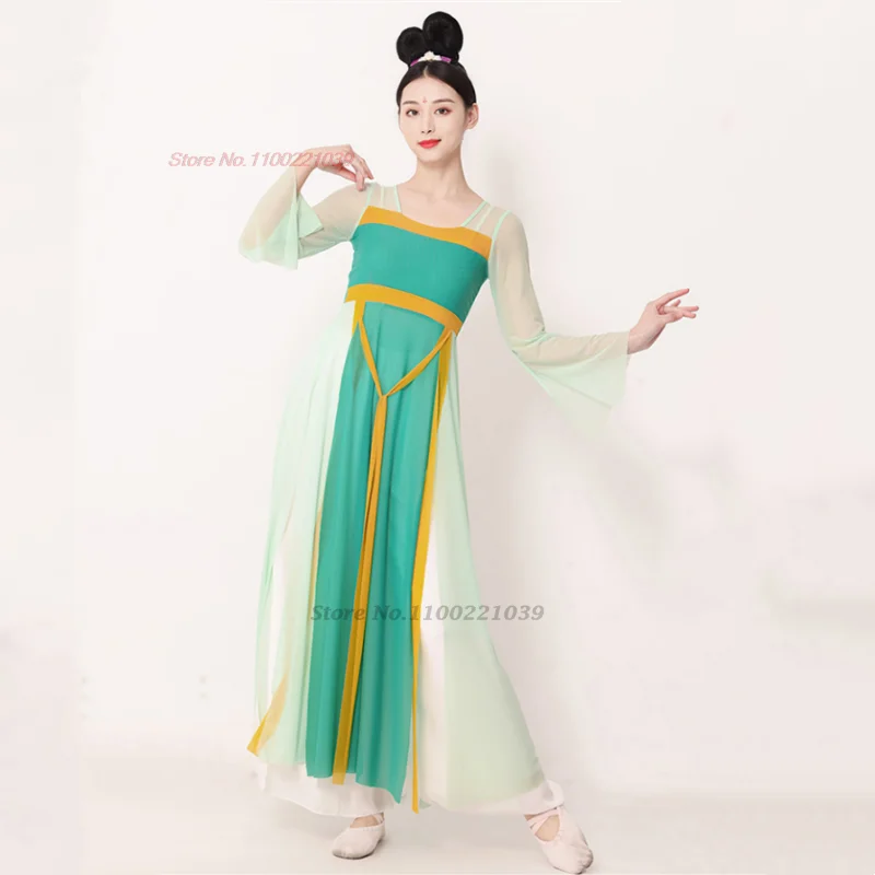 2025 chinese vintage dance costume national ruqun hanfu chiffon tops+pants set traditional stage performance folk fairy dress