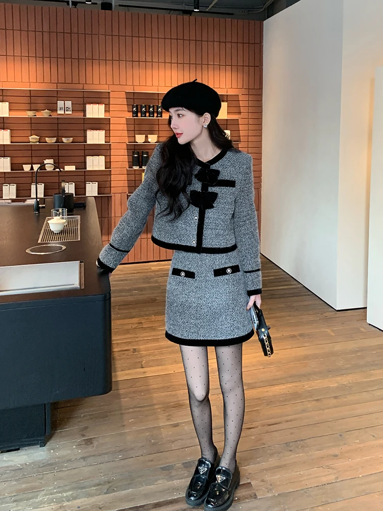 

Ele Cotton f Skirt Two-Piece Set for Women Autumn Winter Faion Sle Ladylike Quali High-End Feeling Rich Girl Kit