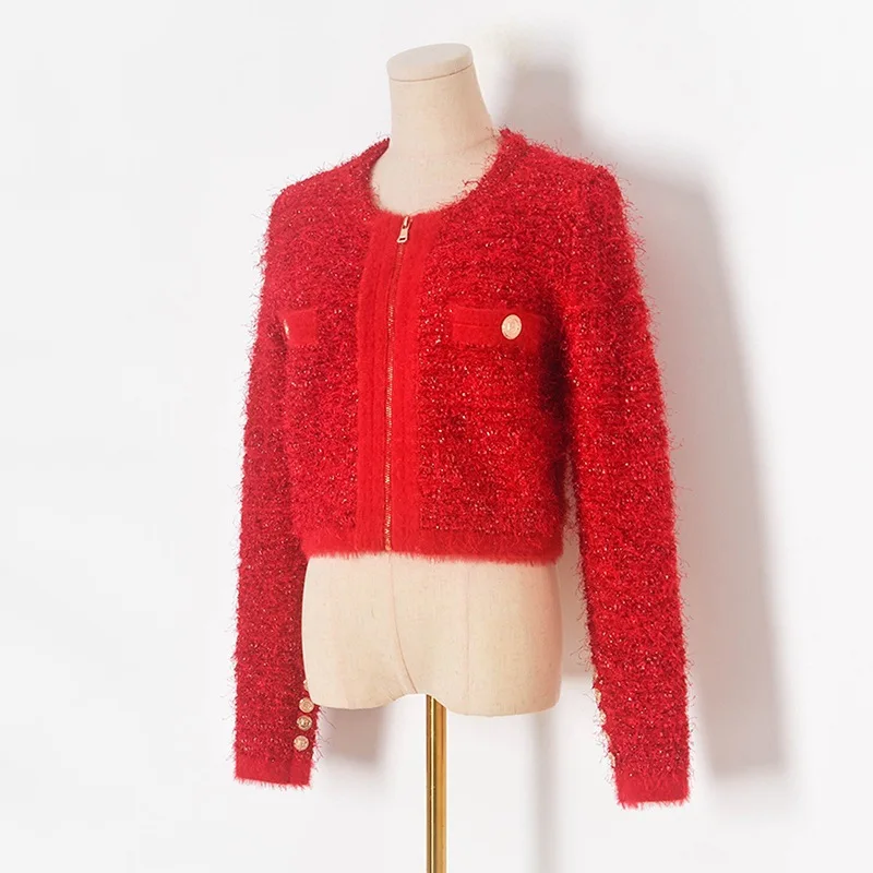 

Autumn Winter Women Cardigan Red Gold Thread Bright Silk Special Yarn Zipper Long Sleeve Knitted Thick Short Sweater Coat