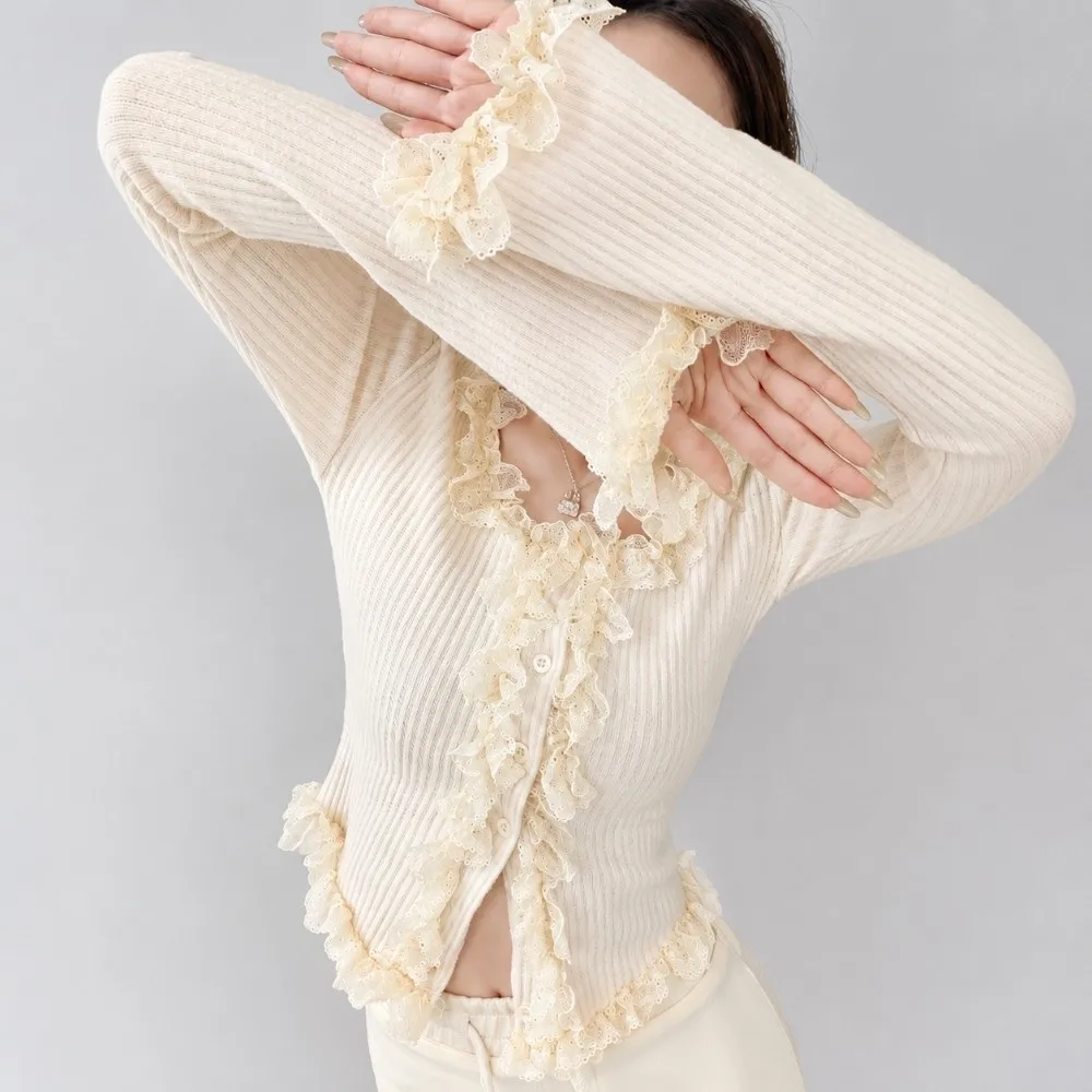 Solid Color Ribbed Knit Top Lace Trim Ruffle Trim Button Down Sweater Button Down Front Slim Fit Lace Ruffle Blouse Layering