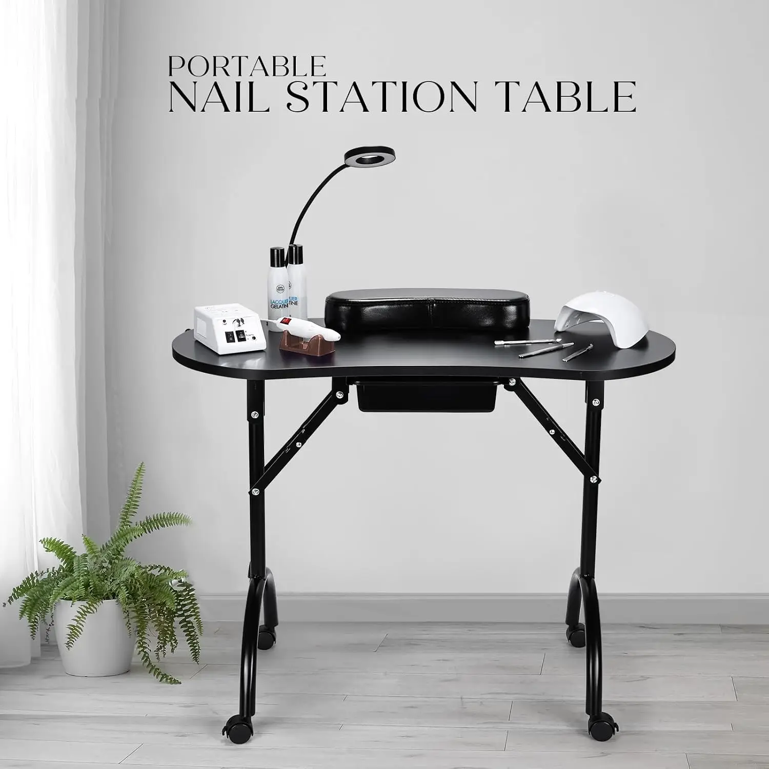 Portable Nail Table Manicure Desk Foldable Nails Tech Station Professional Nail Desk with Drawer & Wrist Rest Wheeled
