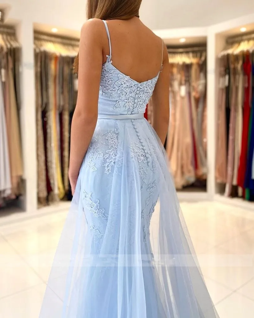 2023 Light Blue Mermaid Prom Dresses Long Sweetheart Appliques Lace Evening Dress 2023 Detachable Tulle Train Formal Party Gowns