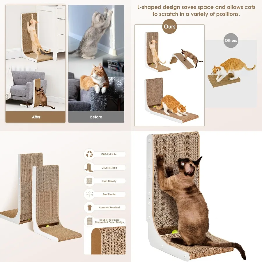 

19-дюймовая L-образная вертикальная когтеточка для кошек с шариком, игрушка для кошек для домашних котят, маленькая когтеточка для кошек, белая, идеально подходит для