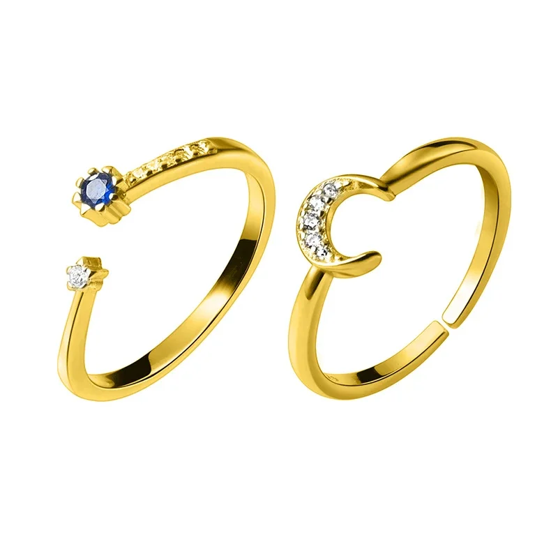 Anillos ajustables abiertos de Plata de Ley 925 para mujer, joyería fina de compromiso con circonita azul redonda, luna y estrella, a la moda, YRI191