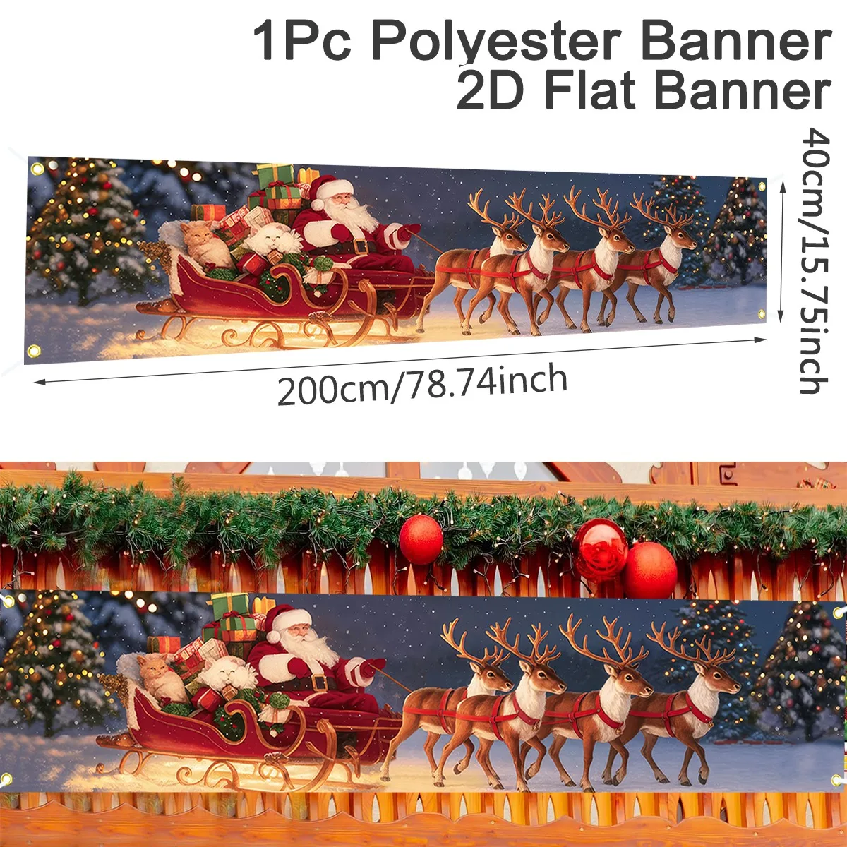 1pc Merry Christmas Banner Santa Claus Reindeer Polyester Hanging Banner Christmas Decor for Home 2026 New Year Outdoor Decor