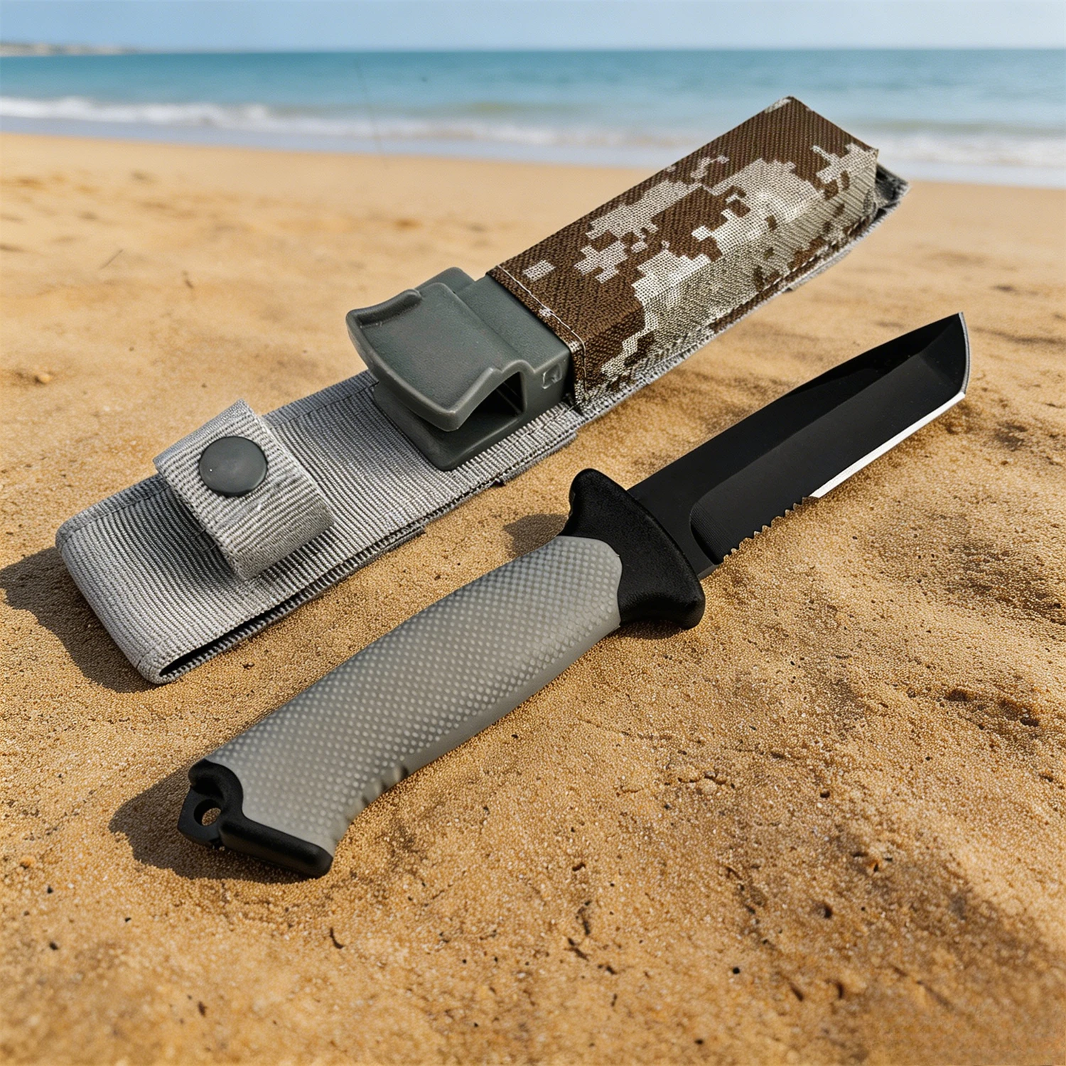 BG-9 Outdoor Carry Tool Knife 8Cr13Mov Serrated Black Fixed Blade Gray Non-slip Rubber Handle Equipped with Protective Sheath view 5