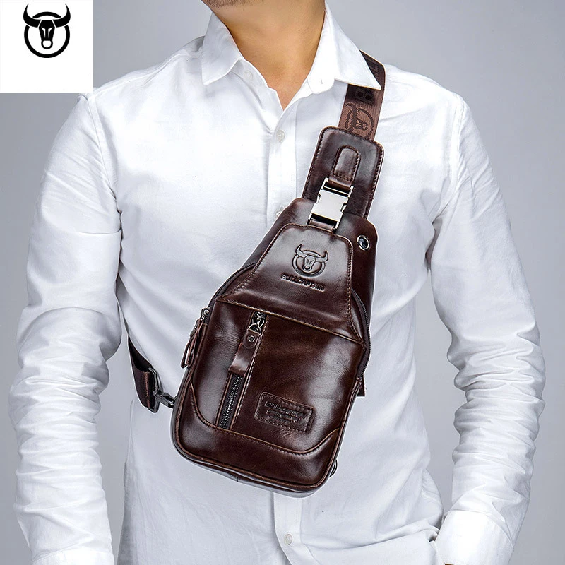 BULLCAPTAIN-Bolsa De Peito De Couro Genuíno Para Homens, Bolsa De Ombro De Mensagem Crossbody Moda